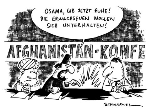 Cartoon: Afghanistan-Konferenz (medium) by Schwarwel tagged afghanistan,konferenz,osama,bin,laden,regierung,karzai,kabul,anschlag,gipfel,außenminister,karikatur,schwarwel