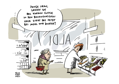 Cartoon: Aldi Berlin 140 Kilo Kokain (medium) by Schwarwel tagged aldi,berlin,140,kg,kokain,drogen,discounter,lebensmittelmarkt,karikatur,schwarwel,aldi,berlin,140,kg,kokain,drogen,discounter,lebensmittelmarkt,karikatur,schwarwel