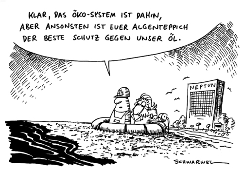 Cartoon: Algenteppich auf Ostsee (medium) by Schwarwel tagged bp,ölkrise,louisiana,öl,algen,ostsee,pest,golf,von,mexiko,bohrloch,ölkonzern,krise,bohrinsel,natur,katastrofe,verschmutzung,meer,ozean,umwelt,leck,belastungstests,dicht,karikatur,schwarwel