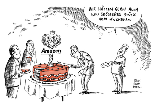 Cartoon: Amazon Verdi Firmenjubiläum (medium) by Schwarwel tagged amazon,verdi,firmenjubiläum,kampf,bessere,tarifverträge,tarifvertrag,tarif,karikatur,schwarwel,amazon,verdi,firmenjubiläum,kampf,bessere,tarifverträge,tarifvertrag,tarif,karikatur,schwarwel