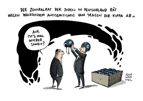 Cartoon: Antisemitismus Juden Kippa (medium) by Schwarwel tagged juden,antisemitismus,kippa,zentalrat,deutschland,tragen,karikatur,schwarwel,antisemitismus,juden,kippa,zentalrat,deutschland,tragen,karikatur,schwarwel