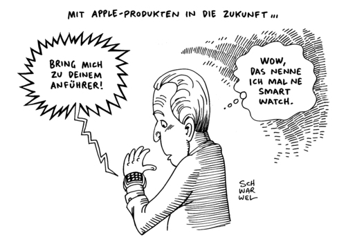 Cartoon: Apple Watch Verkaufsstart (medium) by Schwarwel tagged apple,watch,verkaufsstart,deutschland,karikatur,schwarwel,apple,watch,verkaufsstart,deutschland,karikatur,schwarwel