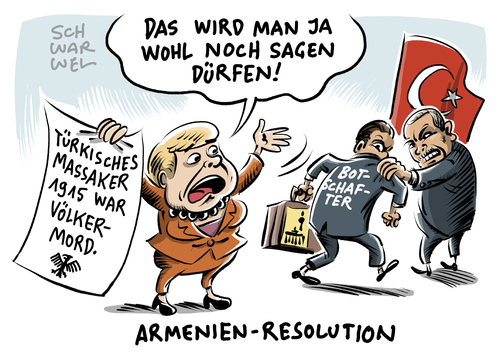 Cartoon: Armenien Resolution im Bundestag (medium) by Schwarwel tagged armenien,resolution,bundestag,verabschiedung,türkei,botschafter,berlin,völkermord,karikatur,schwarwel,merkel,angela,angie,armenien,resolution,bundestag,verabschiedung,türkei,botschafter,berlin,völkermord,karikatur,schwarwel,merkel,angela,angie