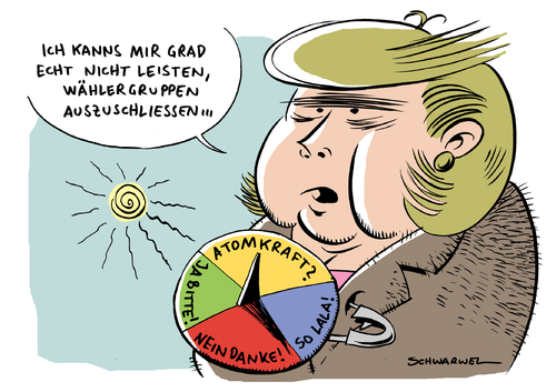 Cartoon: Atomkraft? So lala! (medium) by Schwarwel tagged angela,merkel,atom,atomkraftwerk,ausstieg,deutschland,politik,umwelt,umweltschutz,natur,staatschulden,schulden,generation,gesellschaft,kinder,gefahr,laufzeit,konzern,karikatur,schwarwel