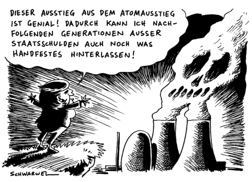 Cartoon: Ausstieg aus dem Atom-Ausstieg (medium) by Schwarwel tagged angela,merkel,atom,atomkraftwerk,ausstieg,deutschland,politik,umwelt,umweltschutz,natur,staatschulden,schulden,generation,gesellschaft,kinder,gefahr,laufzeit,konzern,karikatur,schwarwel