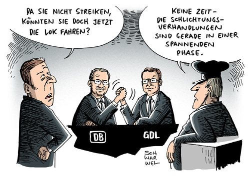 Cartoon: Bahn Streiks (medium) by Schwarwel tagged streik,gdl,verhandlung,gescheitert,zugverkehr,lahmgelegt,zug,bahn,deutsche,fahrgast,nahverkehr,eisenbahn,karikatur,schwarwel,keine,schlichtung,claus,weselsky,streik,gdl,verhandlung,gescheitert,zugverkehr,lahmgelegt,zug,bahn,deutsche,fahrgast,nahverkehr,eisenbahn,karikatur,schwarwel,keine,schlichtung,claus,weselsky