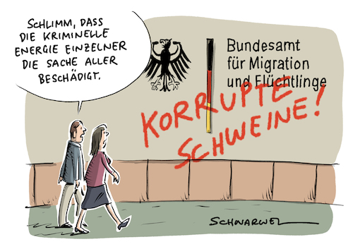 Cartoon: Bamf Verdacht Korruption (medium) by Schwarwel tagged bamf,bundesamt,für,migration,und,flüchtlinge,amt,asylantrag,asylanträge,geflüchtete,flüchtlingskrise,flüchtlingspolitik,korruption,betrug,korruptionsskandal,asyl,asylsuchende,unzulässige,asylgewährung,asylantragstellung,bestechung,bestechlichkeit,asylbescheid,jesiden,cartoon,karikatur,schwarwel,bamf,bundesamt,für,migration,und,flüchtlinge,amt,asylantrag,asylanträge,geflüchtete,flüchtlingskrise,flüchtlingspolitik,korruption,betrug,korruptionsskandal,asyl,asylsuchende,unzulässige,asylgewährung,asylantragstellung,bestechung,bestechlichkeit,asylbescheid,jesiden,cartoon,karikatur,schwarwel