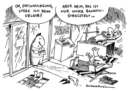 Cartoon: Bankenstresstest (medium) by Schwarwel tagged bank,stresstest,test,bärse,geld,finanzen,aktien,anleger,kurs,markt,konjunktur,börse,bilanz,bankrnstresstest,karikatur,schwarwel