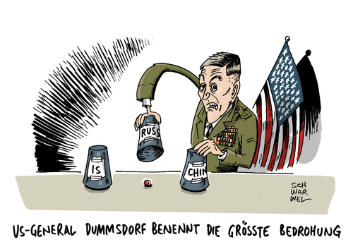 Cartoon: Bedrohungslage Dunford (medium) by Schwarwel tagged bedrohungslage,bedrohung,us,usa,general,armee,dunford,russland,china,is,islamischer,staat,angst,terror,gewalt,karikatur,schwarwel,dummsdorf,bedrohungslage,bedrohung,us,usa,general,armee,dunford,russland,china,is,islamischer,staat,angst,terror,gewalt,karikatur,schwarwel,dummsdorf