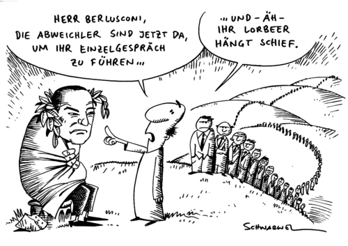 Cartoon: Berlusconi mit Abweichlern (medium) by Schwarwel tagged berlusconi,gespräch,abweichler,karikatur,schwarwel