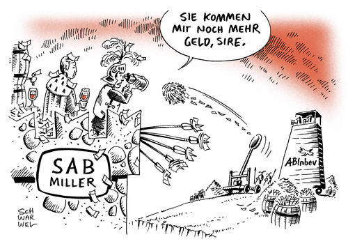 Cartoon: Bier SABMiller ABInbev (medium) by Schwarwel tagged bier,lebensmittel,getränk,alkohol,sabmiller,abinbev,übernahme,avancen,karikatur,schwarwel,bier,lebensmittel,getränk,alkohol,sabmiller,abinbev,übernahme,avancen,karikatur,schwarwel