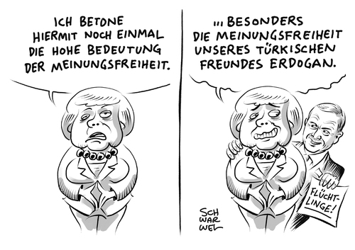 Cartoon: Böhmermann und Merkel (medium) by Schwarwel tagged böhmermann,türkei,erdogan,strafe,schmähkritik,zdf,neo,royale,magazin,karikatur,schwarwel,satire,strafbegehren,bredouille,merkel,ziegenficker,meinungsfreiheit,kunstfreiheit,freiheit,flüchtlinge,böhmermann,türkei,erdogan,strafe,schmähkritik,zdf,neo,royale,magazin,karikatur,schwarwel,satire,strafbegehren,bredouille,merkel,ziegenficker,meinungsfreiheit,kunstfreiheit,freiheit,flüchtlinge