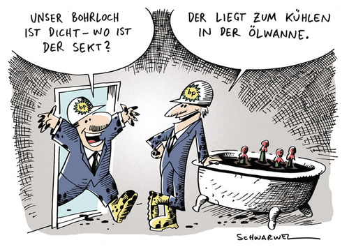 Cartoon: Bohrloch dicht. Wir feiern. (medium) by Schwarwel tagged bp,ölkrise,louisiana,öl,pest,golf,von,mexiko,ölkonzern,krise,bohrinsel,natur,katastrofe,verschmutzung,meer,ozean,umwelt,leck,belastungstests,dicht,bohrloch,karikatur,schwarwel