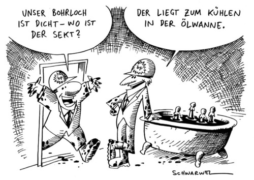 Cartoon: Bohrloch dicht. Wir feiern. (medium) by Schwarwel tagged bp,ölkrise,louisiana,öl,pest,golf,von,mexiko,ölkonzern,krise,bohrinsel,natur,katastrofe,verschmutzung,meer,ozean,umwelt,leck,belastungstests,karikatur,schwarwel