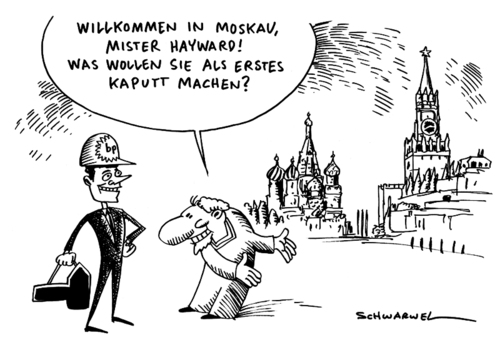 Cartoon: BP-Boss Hayward Moskau (medium) by Schwarwel tagged bp,ölkrise,louisiana,öl,hayward,moskau,versetzung,rücktritt,pest,golf,von,mexiko,ölkonzern,krise,bohrinsel,natur,katastrofe,verschmutzung,meer,ozean,umwelt,karikatur,schwarwel