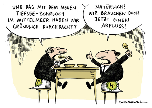 Cartoon: BP neues Bohrloch (medium) by Schwarwel tagged bp,ölkrise,louisiana,öl,pest,golf,von,mexiko,bohrloch,ölkonzern,krise,bohrinsel,natur,katastrofe,verschmutzung,meer,ozean,umwelt,leck,belastungstests,dicht,karikatur,schwarwel