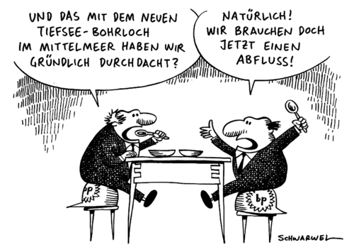 Cartoon: BP neues Bohrloch (medium) by Schwarwel tagged bp,ölkrise,louisiana,öl,pest,golf,von,mexiko,ölkonzern,krise,bohrinsel,natur,katastrofe,verschmutzung,meer,ozean,umwelt,leck,belastungstests,dicht,bohrloch,karikatur,schwarwel