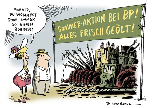 Cartoon: BP verkauft Unternehmensteile (medium) by Schwarwel tagged bp,ölkrise,verkauf,unternehmen,louisiana,öl,pest,golf,von,mexiko,bohrloch,ölkonzern,krise,bohrinsel,natur,katastrofe,verschmutzung,meer,ozean,umwelt,leck,belastungstests,dicht,karikatur,schwarwel