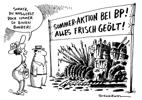 Cartoon: BP verkauft Unternehmensteile (medium) by Schwarwel tagged bp,ölkrise,louisiana,verkauf,unternehmen,öl,pest,golf,von,mexiko,bohrloch,ölkonzern,krise,bohrinsel,natur,katastrofe,verschmutzung,meer,ozean,umwelt,leck,belastungstests,dicht,karikatur,schwarwel