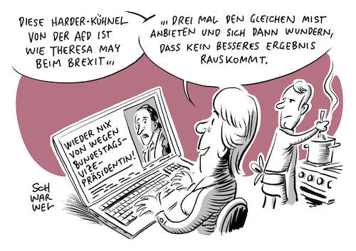 Cartoon: Bundestagsvize Afd Kandidatin (medium) by Schwarwel tagged wahl,bundestagsvidepräsidentin,bundestag,politik,politiker,politikerin,deutschland,afd,alternative,für,wahlen,gegenstimmen,scheitern,harder,kühnel,islamfeindlichkeit,hoecke,gauland,weiland,rassismus,rassisten,rechtsextrem,rechtsextremismus,ausländerhass,ausländerfeindlichkeit,völkisch,national,nazi,nazis,neonazis,antidemokratisch,brexit,exit,may,großbritannien,england,austritt,eu,europäische,union,cartoon,karikatur,schwarwel,wahl,bundestagsvidepräsidentin,bundestag,politik,politiker,politikerin,deutschland,afd,alternative,für,wahlen,gegenstimmen,scheitern,harder,kühnel,islamfeindlichkeit,hoecke,gauland,weiland,rassismus,rassisten,rechtsextrem,rechtsextremismus,ausländerhass,ausländerfeindlichkeit,völkisch,national,nazi,nazis,neonazis,antidemokratisch,brexit,exit,may,großbritannien,england,austritt,eu,europäische,union,cartoon,karikatur,schwarwel