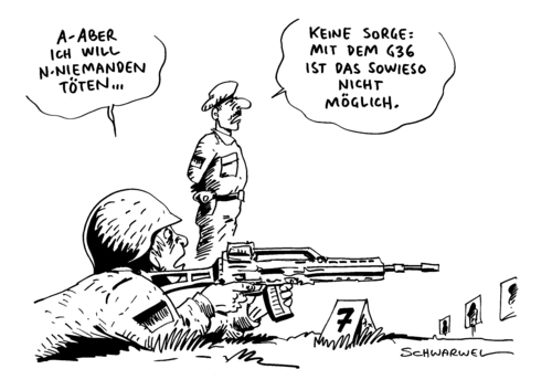 Cartoon: Bundeswehr Gewehr Mängel (medium) by Schwarwel tagged bundeswehr,gewehr,mängel,test,präszision,g36,soldat,armee,krieg,frieden,waffen,gewalt,terror,karikatur,schwarwel,bundeswehr,gewehr,mängel,test,präszision,g36,soldat,armee,krieg,frieden,waffen,gewalt,terror,karikatur,schwarwel