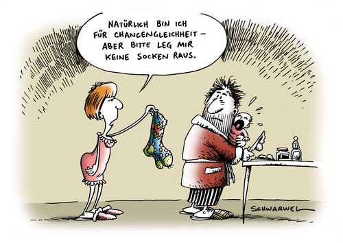 Cartoon: Chancengleichheit (medium) by Schwarwel tagged chancengleichheit,chance,gleichheit,recht,gesetz,freiheit,frau,mann,familie,karikatur,mädchen,woman,gerechtigkeit,verteilung,leben,arbeit,job,verbot,diskriminierung,lohn,gehalt,unternehmen,beruf,alltag,schwarwel,mutter,vater,socken,haushalt,kleidung,küche,herd,kochtopf,chance,gleichheit,gesetz,freiheit,chancengleichheit,chancen,mädchen,familie