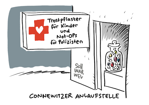 Cartoon: Connewitz Not OP Polizei Sachsen (medium) by Schwarwel tagged silvester,silvesternacht,connewitz,leipzig,connewitzer,kreuz,polizei,polizeikontrollen,polizeigewalt,not,op,polizist,krankenhaus,innenminister,polizeipräsident,ausschreitungen,linksextrem,linksextremistisch,gewalt,antifa,cartoon,karikatur,schwarwel,silvester,silvesternacht,connewitz,leipzig,connewitzer,kreuz,polizei,polizeikontrollen,polizeigewalt,not,op,polizist,krankenhaus,innenminister,polizeipräsident,ausschreitungen,linksextrem,linksextremistisch,gewalt,antifa,cartoon,karikatur,schwarwel