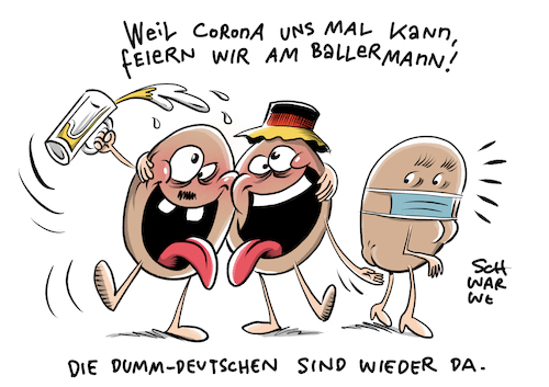 Cartoon: Corona Ballermann keine Masken (medium) by Schwarwel tagged corona,coronavirus,pandemie,virus,virologe,drosten,wuhan,china,seuche,grippe,pest,medikament,tod,tot,sterben,virusinfektion,klopapier,hamsterkäufe,flattenthecurve,stayhome,stayathome,shutdown,lockdown,quarantäne,homeoffice,coronapartys,rki,impfstoff,hände,waschen,seide,mundschutz,maske,masken,ausgangsbeschränkungen,schulschlieung,wirtschaftskrise,coronakrise,lunge,lungenkrankheit,schutzmaske,ffp3,sars,socialdistancing,cartoon,karikatur,schwarwel,gesundheitsminister,spahn,covid19,epidemie,lockerungen,impfzwang,abstand,abstandsregeln,maskenpflicht,coronaapp,coronawarnapp,download,app,medienkompetenz,datenschutz,datenschützer,alexa,facebook,google,twitter,social,media,bluetooth,gps,daten,software,smartphone,gerätestandort,robert,koch,institut,infektion,infektionsschutz,infektionskette,infektionsketten,gesundheitsämter,ballermann,spanien,urlaub,sexismus,party,bier,corona,coronavirus,pandemie,virus,virologe,drosten,wuhan,china,seuche,grippe,pest,medikament,tod,tot,sterben,virusinfektion,klopapier,hamsterkäufe,flattenthecurve,stayhome,stayathome,shutdown,lockdown,quarantäne,homeoffice,coronapartys,rki,impfstoff,hände,waschen,seide,mundschutz,maske,masken,ausgangsbeschränkungen,schulschlieung,wirtschaftskrise,coronakrise,lunge,lungenkrankheit,schutzmaske,ffp3,sars,socialdistancing,cartoon,karikatur,schwarwel,gesundheitsminister,spahn,covid19,epidemie,lockerungen,impfzwang,abstand,abstandsregeln,maskenpflicht,coronaapp,coronawarnapp,download,app,medienkompetenz,datenschutz,datenschützer,alexa,facebook,google,twitter,social,media,bluetooth,gps,daten,software,smartphone,gerätestandort,robert,koch,institut,infektion,infektionsschutz,infektionskette,infektionsketten,gesundheitsämter,ballermann,spanien,urlaub,sexismus,party,bier