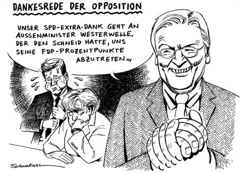 Cartoon: Dankesrede der Opposition (medium) by Schwarwel tagged opposition,spd,außenminister,guido,westerwelle,angela,merkel,fdp,karikatur,schwarwel