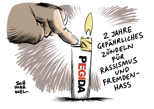 Cartoon: Demo zu 2 Jahre PEGIDA (medium) by Schwarwel tagged demo,demonstration,dresden,sachsen,braun,rechts,nazi,rechtspopulismus,ausländerfeindlichkeit,rassismus,rassistisch,wutbürger,rassenhass,flüchtlinge,geflüchtete,flüchtlingskrise,flüchtlingspolitik,afd,lutz,bachmann,feuerzeuge,fremdenfeindlichkeit,karikatur,schwarwel,demo,demonstration,dresden,sachsen,braun,rechts,nazi,rechtspopulismus,ausländerfeindlichkeit,rassismus,rassistisch,wutbürger,rassenhass,flüchtlinge,geflüchtete,flüchtlingskrise,flüchtlingspolitik,afd,lutz,bachmann,feuerzeuge,fremdenfeindlichkeit,karikatur,schwarwel