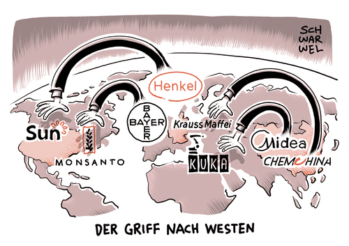 Cartoon: Der Griff nach Westen (medium) by Schwarwel tagged osten,westen,unternehmen,firma,konzern,us,usa,deutschland,china,europa,karikatur,schwarwel,henkel,bayer,monsanto,midea,kuka,osten,westen,unternehmen,firma,konzern,us,usa,deutschland,china,europa,karikatur,schwarwel,henkel,bayer,monsanto,midea,kuka