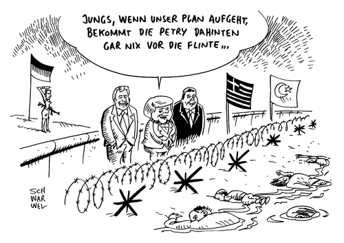 Cartoon: Deutsche Flüchtlingspolitik (medium) by Schwarwel tagged deutsche,flüchtlingspolitik,flüchtlinge,geflüchtete,grenze,obergrenze,merkel,gabriel,seehofer,frauke,petry,afd,cdu,csu,spd,von,storch,schießbefehl,aylan,tot,tod,syrien,krieg,terror,gewalt,rechts,nazi,nazis,rassismus,europa,griechenland,flinte,gewehr,schusswaffen,forderung,gebrauch,rechtspopulismus,karikatur,schwarwel,deutsche,flüchtlingspolitik,flüchtlinge,geflüchtete,grenze,obergrenze,merkel,gabriel,seehofer,frauke,petry,afd,cdu,csu,spd,von,storch,schießbefehl,aylan,tot,tod,syrien,krieg,terror,gewalt,rechts,nazi,nazis,rassismus,europa,griechenland,flinte,gewehr,schusswaffen,forderung,gebrauch,rechtspopulismus,karikatur,schwarwel