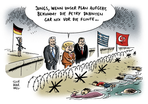 Cartoon: Deutsche Flüchtlingspolitik (medium) by Schwarwel tagged deutsche,flüchtlingspolitik,flüchtlinge,geflüchtete,grenze,obergrenze,merkel,gabriel,seehofer,frauke,petry,afd,cdu,csu,spd,von,storch,schießbefehl,aylan,tot,tod,syrien,krieg,terror,gewalt,rechts,nazi,nazis,rassismus,europa,griechenland,flinte,gewehr,schusswaffen,forderung,gebrauch,rechtspopulismus,karikatur,schwarwel,deutsche,flüchtlingspolitik,flüchtlinge,geflüchtete,grenze,obergrenze,merkel,gabriel,seehofer,frauke,petry,afd,cdu,csu,spd,von,storch,schießbefehl,aylan,tot,tod,syrien,krieg,terror,gewalt,rechts,nazi,nazis,rassismus,europa,griechenland,flinte,gewehr,schusswaffen,forderung,gebrauch,rechtspopulismus,karikatur,schwarwel