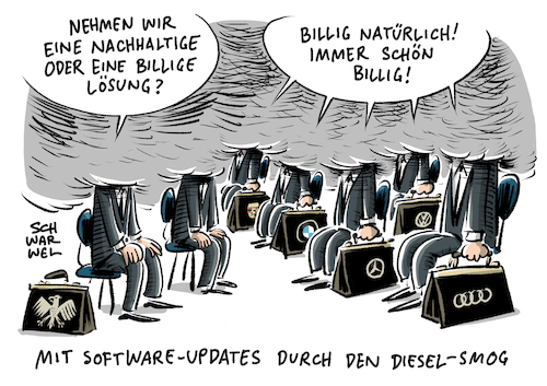 Cartoon: Diesel Gipfel Software (medium) by Schwarwel tagged auto,autobauer,automobil,automobilindustrie,wagen,kfz,fahrzeug,autokonzern,hersteller,konzern,firma,unternehmen,kartell,wettbewerb,kartellabsprachen,dieselaffäre,dieselskandal,vw,volkswagen,bmw,mercedes,daimler,porsche,dobrindt,aufsichtsrat,vorstand,kartellverfahren,umwelt,natur,umweltzerstörung,fahrverbot,fahrverbote,absprachen,automobilhersteller,kommission,eu,europäische,union,brüssel,bundeskartellamt,deutschland,krise,wirtschaft,finanzen,image,imageschaden,kartellbildung,automarke,automarken,wettbewerbshüter,kartellverdacht,motor,motoren,abgas,schadstoffe,karikatur,schwarwel,dieselgipfel,diesel,gipfel,software,softwareupdate,update,nachbersserungen,auto,autobauer,automobil,automobilindustrie,wagen,kfz,fahrzeug,autokonzern,hersteller,konzern,firma,unternehmen,kartell,wettbewerb,kartellabsprachen,dieselaffäre,dieselskandal,vw,volkswagen,bmw,mercedes,daimler,porsche,dobrindt,aufsichtsrat,vorstand,kartellverfahren,umwelt,natur,umweltzerstörung,fahrverbot,fahrverbote,absprachen,automobilhersteller,kommission,eu,europäische,union,brüssel,bundeskartellamt,deutschland,krise,wirtschaft,finanzen,image,imageschaden,kartellbildung,automarke,automarken,wettbewerbshüter,kartellverdacht,motor,motoren,abgas,schadstoffe,karikatur,schwarwel,dieselgipfel,diesel,gipfel,software,softwareupdate,update,nachbersserungen