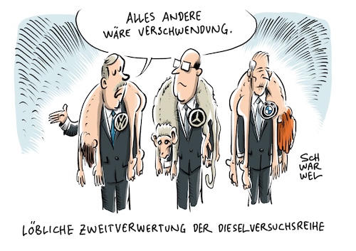 Cartoon: Dieselabgaseversuche (medium) by Schwarwel tagged abgasskandal,dieselskandal,daimler,bmw,vw,volkswagen,auto,wagen,kfz,dieselabgaseversuche,autokonzern,automobilindustrie,automobil,automobile,wirtschaft,finanzen,konzern,abgastests,experiment,experimente,tierversuch,tierversuche,autohersteller,autolobby,abgas,abgase,abgastest,affen,menschen,affentests,menschentests,menschenversuche,schadstoffe,stickstoffdioxid,diesel,dieselmotor,umweltzerstörung,umweltschäden,karikatur,schwarwel,abgasskandal,dieselskandal,daimler,bmw,vw,volkswagen,auto,wagen,kfz,dieselabgaseversuche,autokonzern,automobilindustrie,automobil,automobile,wirtschaft,finanzen,konzern,abgastests,experiment,experimente,tierversuch,tierversuche,autohersteller,autolobby,abgas,abgase,abgastest,affen,menschen,affentests,menschentests,menschenversuche,schadstoffe,stickstoffdioxid,diesel,dieselmotor,umweltzerstörung,umweltschäden,karikatur,schwarwel