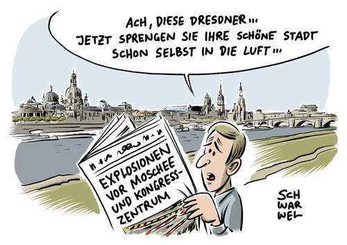 Cartoon: Dresden Explosionen (medium) by Schwarwel tagged explosionen,moschee,dresden,sachsen,kongresszentrum,anschlag,anschläge,fremdenfeindlich,sicherheit,hochsicherheitszone,tag,der,deutschen,einheit,osten,rechts,nazi,braun,fremdenfeindlichkeit,fremdenhass,sprengstoff,bombe,karikatur,schwarwel,explosionen,moschee,dresden,sachsen,kongresszentrum,anschlag,anschläge,fremdenfeindlich,sicherheit,hochsicherheitszone,tag,der,deutschen,einheit,osten,rechts,nazi,braun,fremdenfeindlichkeit,fremdenhass,sprengstoff,bombe,karikatur,schwarwel