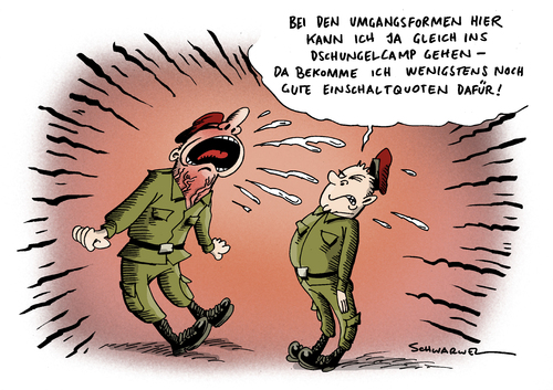 Cartoon: Dschungelcamp und Umgangsformen (medium) by Schwarwel tagged dschungelcamp,umgangformen,bund,bundeswehr,armee,tv,fernsehen,deutschland,anstand,moral,schrei,laut,gebrüll,soldat,karikatur,schwarwel,spindsaufen,schweineleber,stromschläge,spind,saufen,alkohol,gorch,fock,ritual,truppe,guttenberg,minister,verteidigungsminister,skandal,vorfall,meuterei,waffenspiel,afghanistan,trinkspiel,mutprobe,nötigung,misshandlung,körperverletzung,qual,militär,dschungelcamp,umgangformen,bund,bundeswehr,armee,fernsehen,tv,deutschland,anstand,moral,schrei,soldat,alkohol,saufen,minister,verteidigungsmi,guttenberg,truppe,gorch fock,skandal,gorch,fock