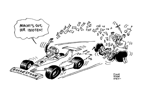 Cartoon: Ecclestone Prozess Schmiergeld (medium) by Schwarwel tagged schwarwel,karikatur,millionen,mio,100,zahlung,schmiergeld,prozess,ecclestone,ecclestone,prozess,schmiergeld,zahlung,100,mio,millionen,karikatur,schwarwel