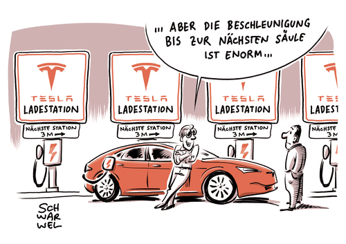 Cartoon: Elektromobilität mit Tesla (medium) by Schwarwel tagged elektromobilität,tesla,mpdel,serienautos,batterie,beschleunigung,elektroauto,hersteller,autohersteller,autobauer,auto,pkw,wagen,kfz,strombetriebene,fahrzeuge,sportwagen,limousine,straßensportwagen,karikatur,schwarwel,elektromobilität,tesla,mpdel,serienautos,batterie,beschleunigung,elektroauto,hersteller,autohersteller,autobauer,auto,pkw,wagen,kfz,strombetriebene,fahrzeuge,sportwagen,limousine,straßensportwagen,karikatur,schwarwel