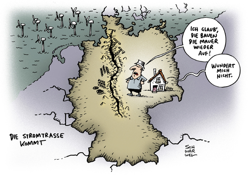 Cartoon: Energiewende Stromtrasse (medium) by Schwarwel tagged energiewende,trasse,stromtrasse,energie,natur,umweltschutz,karikatur,schwarwel,mauer,energiewende,trasse,stromtrasse,energie,natur,umweltschutz,karikatur,schwarwel,mauer