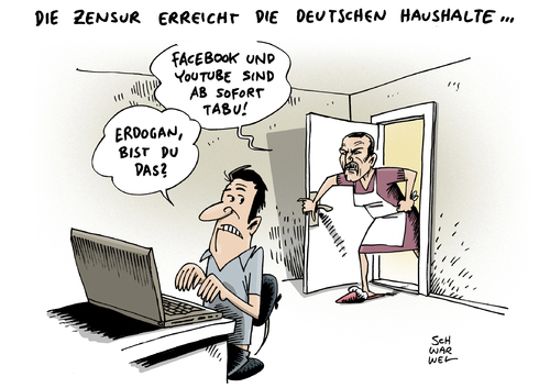 Cartoon: Erdogan Zensur Facebook YouTube (medium) by Schwarwel tagged erdogan,zensur,facebook,youtube,sperrung,gül,dagegen,haushalt,user,nutzer,web,social,media,meinungsfreiheit,freiheit,bosporus,türkei,regierung,regierungschef,premier,telefon,affäre,abhörung,korruption,daten,skandal,internet,medien,internetsperre,karikatur,schwarwel,erdogan,zensur,facebook,youtube,sperrung,gül,dagegen,haushalt,user,nutzer,web,social,media,meinungsfreiheit,freiheit,bosporus,türkei,regierung,regierungschef,premier,telefon,affäre,abhörung,korruption,daten,skandal,internet,medien,internetsperre,karikatur,schwarwel