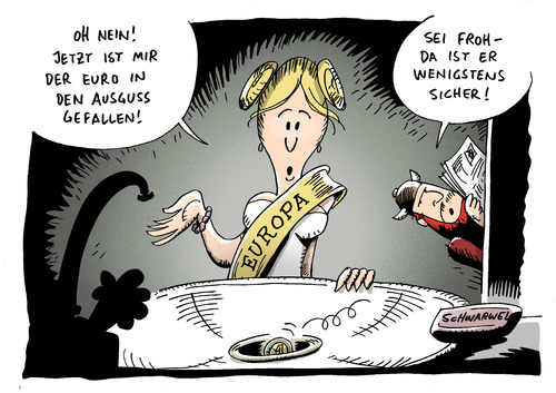 Cartoon: Euro fällt. Euro-Zone in Krise (medium) by Schwarwel tagged euro,zone,krise,politik,politiker,eu,finanzen,geld,markt,karikatur,schwarwel,euro,zone,finanzen,eu,geld,markt