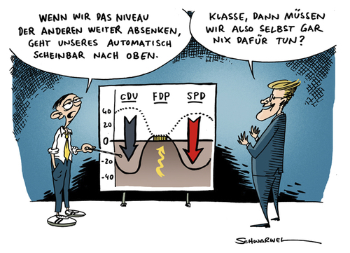 Cartoon: FDP im Umfragetief (medium) by Schwarwel tagged fdp,umfragetief,partei,absturz,umfrage,guido,westerwelle,nrw,schlappe,steuerfrust,karikatur,schwarwel