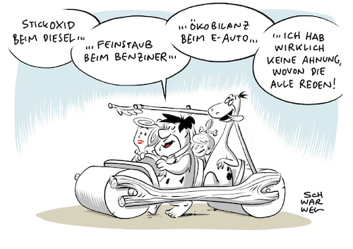 Cartoon: Feinstaub Stickoxide Ökobilanz (medium) by Schwarwel tagged feinstaub,stickoxide,ökobilanz,autokäufer,autokauf,autohändler,autohandel,automobil,kfz,auto,wagen,automobilindustrie,motor,benzin,benziner,diesel,dieselmotor,elektroautos,elektroauto,elektromobilität,eauto,umwelt,umweltzerstörung,natur,ökologie,umweltschutz,verkehr,autokonzern,autos,co2,abgas,abgasskandal,dieselskandal,tierversuche,menschenversuche,experiment,vw,volkswagen,daimler,bmw,chrysler,luftverschmutzung,affenskandal,affentests,emissionen,schadstoff,schadstoffe,umweltverträglichkeit,kraftfahrzeuge,klima,klimaschutz,klimagas,treibhausgas,erderwärmung,autobauer,schadstoffemissionen,hybrid,hybridautos,verbrennung,verbrennungsmotor,fahrverbot,fahrverbote,autohersteller,autobranche,dieselfahrzeuge,dieselfahrzeug,fred,feuerstein,flintstones,karikatur,schwarwel,feinstaub,stickoxide,ökobilanz,autokäufer,autokauf,autohändler,autohandel,automobil,kfz,auto,wagen,automobilindustrie,motor,benzin,benziner,diesel,dieselmotor,elektroautos,elektroauto,elektromobilität,eauto,umwelt,umweltzerstörung,natur,ökologie,umweltschutz,verkehr,autokonzern,autos,co2,abgas,abgasskandal,dieselskandal,tierversuche,menschenversuche,experiment,vw,volkswagen,daimler,bmw,chrysler,luftverschmutzung,affenskandal,affentests,emissionen,schadstoff,schadstoffe,umweltverträglichkeit,kraftfahrzeuge,klima,klimaschutz,klimagas,treibhausgas,erderwärmung,autobauer,schadstoffemissionen,hybrid,hybridautos,verbrennung,verbrennungsmotor,fahrverbot,fahrverbote,autohersteller,autobranche,dieselfahrzeuge,dieselfahrzeug,fred,feuerstein,flintstones,karikatur,schwarwel