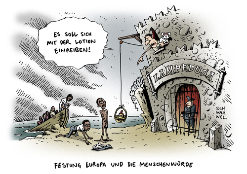 Cartoon: Flüchtlingsdrama Lampedusa (medium) by Schwarwel tagged flüchtlingsdrama,lampedusa,menschenunwürdig,flüchtlinge,brutalität,grausam,drama,krankheit,das,schweigen,der,lämmer,neger,schwarze,festung,europa,politik,ausland,maltesisches,schiff,tod,tote,retter,rettung,flüchtlingskatastrophe,italien,insel,wasser,ertrinken,karikatur,schwarwel,hilfe,regierung,flüchtlingsdrama,lampedusa,menschenunwürdig,flüchtlinge,brutalität,grausam,drama,krankheit,das,schweigen,der,lämmer,neger,schwarze,festung,europa,politik,ausland,maltesisches,schiff,tod,tote,retter,rettung,flüchtlingskatastrophe,italien,insel,wasser,ertrinken,karikatur,schwarwel,hilfe,regierung