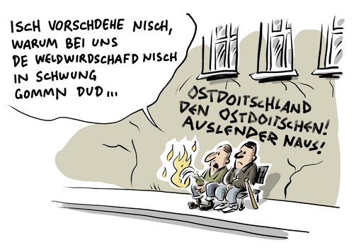 Cartoon: Fremdenhass  im Osten (medium) by Schwarwel tagged jahresbericht,deutsche,einheit,fremdenhass,nazi,rechts,rechtsextrem,rechtspolulismus,nationalsozialismus,geflüchtete,flüchtlinge,flüchtlingskrise,flüchtlingspolitikwirtschaft,aufschwung,ost,osten,berlin,nation,deutschland,politik,ausländerfeindlichkeit,karikatur,schwarwel,jahresbericht,deutsche,einheit,fremdenhass,nazi,rechts,rechtsextrem,rechtspolulismus,nationalsozialismus,geflüchtete,flüchtlinge,flüchtlingskrise,flüchtlingspolitikwirtschaft,aufschwung,ost,osten,berlin,nation,deutschland,politik,ausländerfeindlichkeit,karikatur,schwarwel