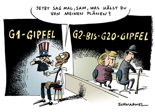 Cartoon: G20 Gipfel Streit Merkel Obama (medium) by Schwarwel tagged g20,gipfel,wirtschaft,streit,angela,merkel,barack,obama,mächte,staat,karikatur,schwarwel