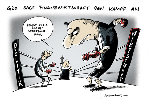 Cartoon: G20 Kampfansage (medium) by Schwarwel tagged g20,kampf,kampfansage,finanzen,finanzwirtschaft,geld,politik,handel,markt,karikatur,schwarwel,kampf,g20,kampfansage,finanzen,finanzwirtschaft,handel,markt