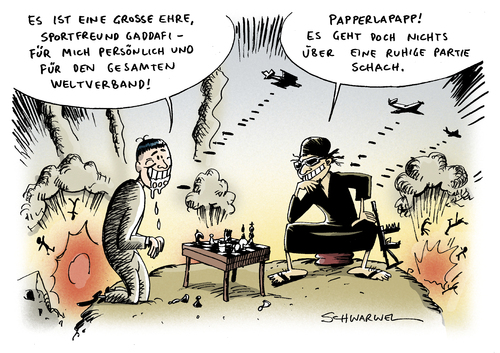 Cartoon: Gaddafi spielt Schach (medium) by Schwarwel tagged libyen,dikator,gaddafi,schach,spiel,vorstand,vorsitzender,chef,welt,weltschachverband,verband,bombe,mensch,tod,sterben,mord,gewalt,waffen,terror,karikatur,schwarwel,sport,freund,ehre,partie,bomber,flugzeug,hass,politik,geld,wirtschaft,finanzen,libyen,dikator,gaddafi,schach,spiel,vorstand,vorsitzender,welt,chef,weltschachverband,verband,mensch,tod,sterben,mord,gewalt,waffen,bombe