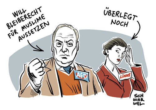 Cartoon: Gauland und Wagenknecht (medium) by Schwarwel tagged angriff,grundgesetz,recht,gesetz,afd,alternative,für,deutschland,gauland,asylrecht,muslime,flüchtlinge,geflüchtete,flüchtlingspolitik,flüchtlingskrise,sarah,wagenknecht,die,linke,populismus,rechtspopulismus,rechtsextrem,hass,hetze,asyl,asylsuchende,einwanderung,migration,migranten,karikatur,schwarwel,angriff,grundgesetz,recht,gesetz,afd,alternative,für,deutschland,gauland,asylrecht,muslime,flüchtlinge,geflüchtete,flüchtlingspolitik,flüchtlingskrise,sarah,wagenknecht,die,linke,populismus,rechtspopulismus,rechtsextrem,hass,hetze,asyl,asylsuchende,einwanderung,migration,migranten,karikatur,schwarwel